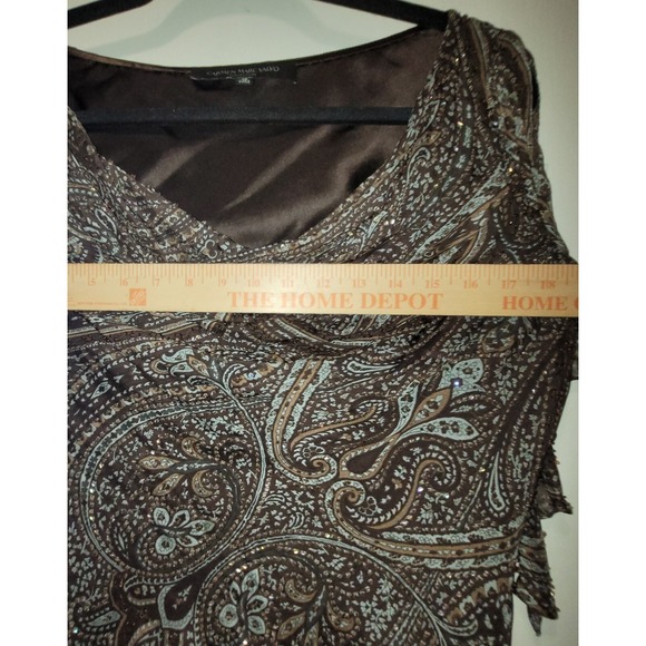 CARMEN MARC VALVO Silk Beaded Blouse Women's 10 Brown Blue Draped Neck Lined - Picture 11 of 15